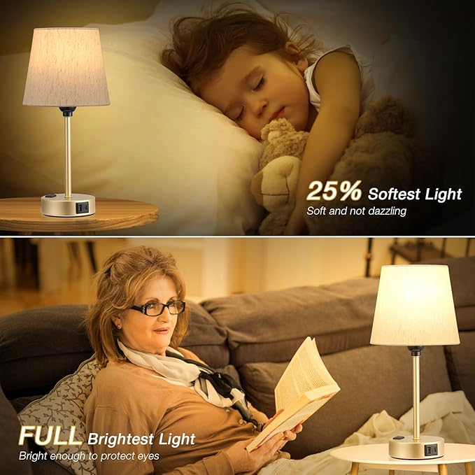 Acaxin Lamp for bedrooms Set of 2 - Nightstand Bedroom Lamp with USB C Port and AC Outlet Charging, 3 Way Dimmable Touch Control Bed Side Table Lamp, Small Night Stand Light for Kids/Guest Room