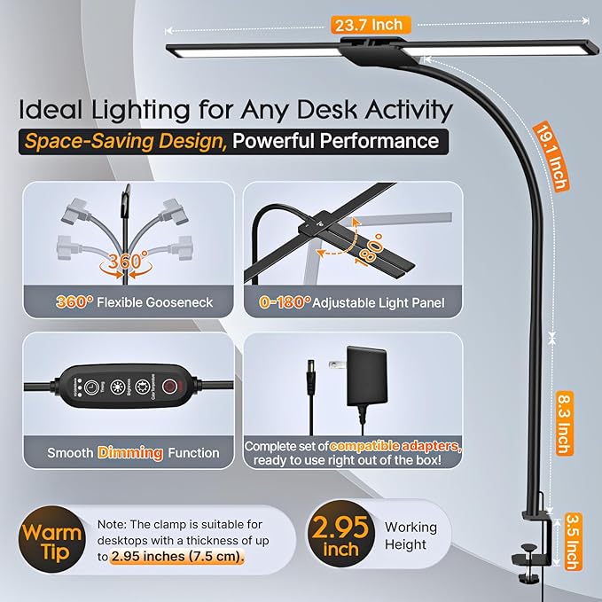 Syrinx LED Desk Lamp for Office Home – Eye Caring Dual Head Desk Light with Flexible Goose-Neck, Clamp, Motion Sensor/Wired Control, 50 Lighting Modes with Memory/Timer, Table Lamp for Study, Drafting
