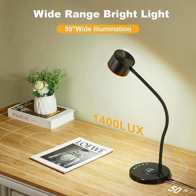 KAiSnova Desk Lamp for Office Home, Gooseneck Desk Lamp with Wireless Charger, Touch Table Lamp with USB C+A Charging Ports, 5 Colors Dimmable Bedside Reading Lamp for College Dorm Room Black