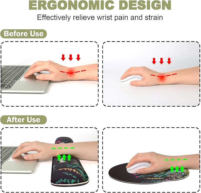 Ergonomic Mouse Pad with Wrist Rest and Keyboard Wrist Rest, Memory Foam Wrist Rest for Computer Keyboard, Easy Typing, Mouse Pad Wrist Support for Gaming,Office, Laptop, Black Flower