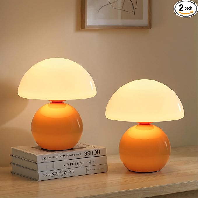 NIORSUN Mushroom Lamp Table Lamp for Bedroom, Portables Cordless Table Lamps Set of 2,Wireless lamp,Bedside Tables Touch for Living Room,Mini Mushroom 5200mAh Battery Operated Lamps Modern Orange