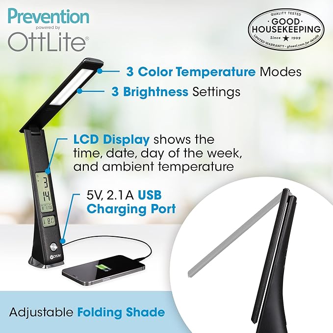 Prevention by OttLite LED Task Adjustable Lamp with Digital Display - Adjustable Neck, 3 Color Modes & USB Charging - Eye-Friendly Lighting for Crafting, Office Work, Reading & Studying