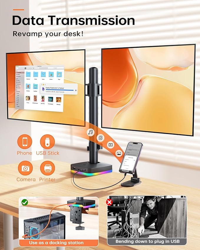 RGB Dual Monitor Desk Mount, Monitor Stand with 3 USB Ports, Charging and USB Data Transfer Function, Adjustable Arms for 13"-27" Monitors up to 17.6lbs, VESA 75x75mm 100x100mm, Ergonomic Design
