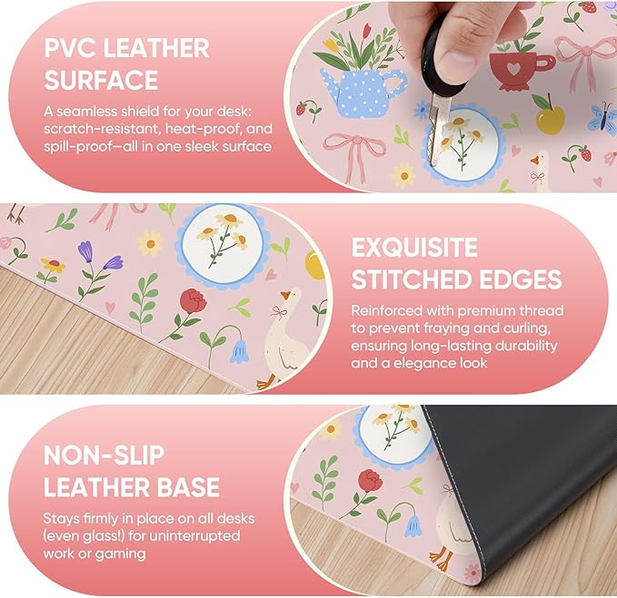 Desk Mat, Leather Desk Pad Blotter Protector, XXL Large Mouse Pad,Computer Laptop Mouse Pads for Desktop,Waterproof Writing Anti-Slip Mousepad for Office and Home I Pink Animals & Flowers