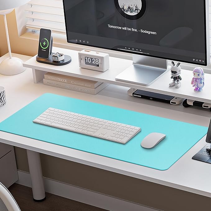 Boutilon Leather Desk Pad Protector,Non-Slip Mouse Pad,Laptop Desk Pad,Office Mouse Mat,Waterproof Leather Desk Blotter,Desk Writing Pad for Office and Home (XXL-Bright Blue,47.2"x 17")