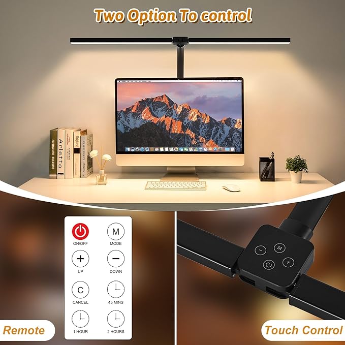 LED Desk Lamp for Office Dorm Home - Eye Caring Desk Light with Timer, Remote Control 24W Brightest Dual Screen Computer Monitor Gooseneck Dimmable Table lamp with Anti-Glare Cover Clamp