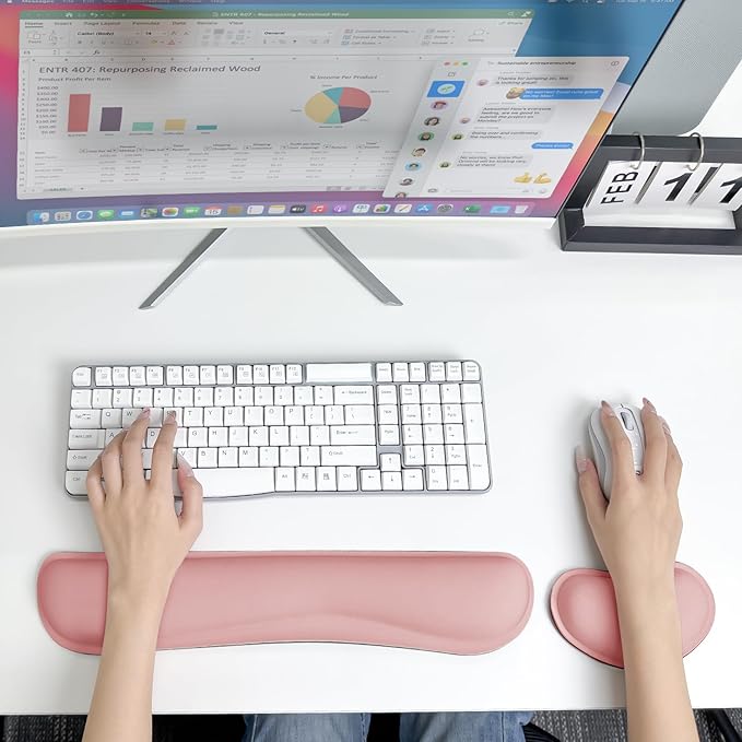 Wrist Rest for Computer Keyboard and Mouse, Ergonomic Design Wrist Support Pad for Keyboard, Soft Memory Foam Desk Pads Support Hand and Arm Easy Typing & Comfort, 2 Piece Pad, Pink