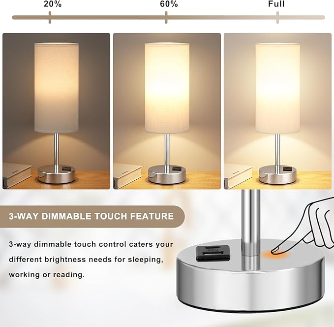 Dicoool Bedside Table Lamps for Bedroom Set of 2 - Touch Lamp for Nightstand with USB-A+C Charging Ports - 3 Way Dimmable Small Desk Lamp White for Office, Dorm Room, Living Room, Reading, Nursery
