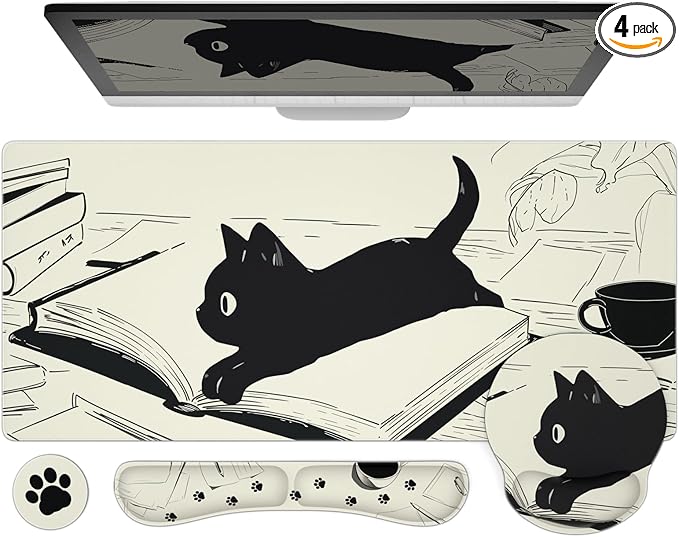 Ovenbird Mouse Pad Set 4-in-1 | Large Gaming Mousepad, Keyboard Wrist Rest, Mouse Wrist Support, Coaster | Ergonomic Office Desk Mat Accessories for Women Men | 4PCS, 35.4 x 15.7in, Black Cat