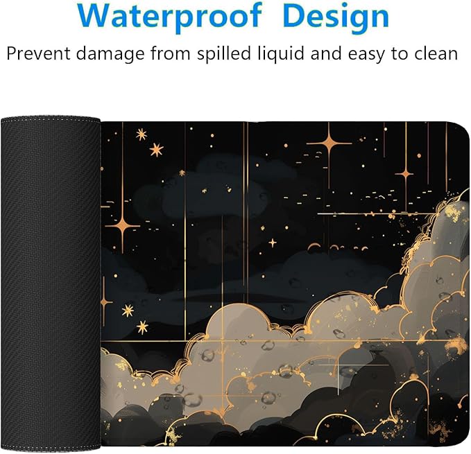 Black Gold Celestial Desk Pad Space Moon Cloud Extended Gaming Mouse Pad Mat with Stitched Edge Non-Slip Base Big Mouse Pad Office Computer Keyboard Laptop Home 35.4"x15.7"