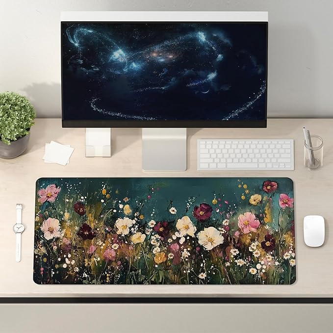 Vintage Wildflower Large Mouse Pad 31.5x15.7inch, Retro Floral Large Extended Computer Desk Mat Mousepad for Keyboard and Mouse, Floral Desk Accessories