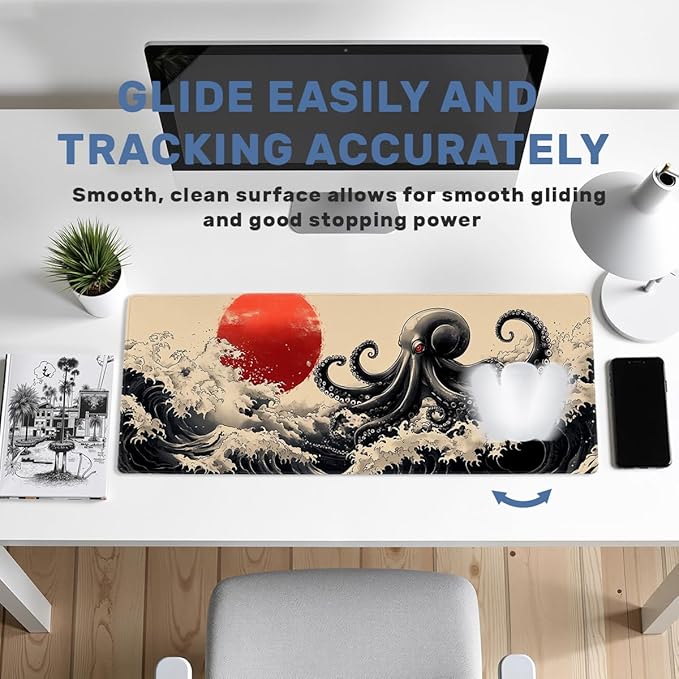 Octopus Gaming Mouse Pad Large Desk Mat Waves Japanese Ink Sea Monster Mousepad Computer Keyboard Pad Mouse Mat Laptop Mat 31.5 x 11.8 Mouse Pads for Desk Home Office Gaming