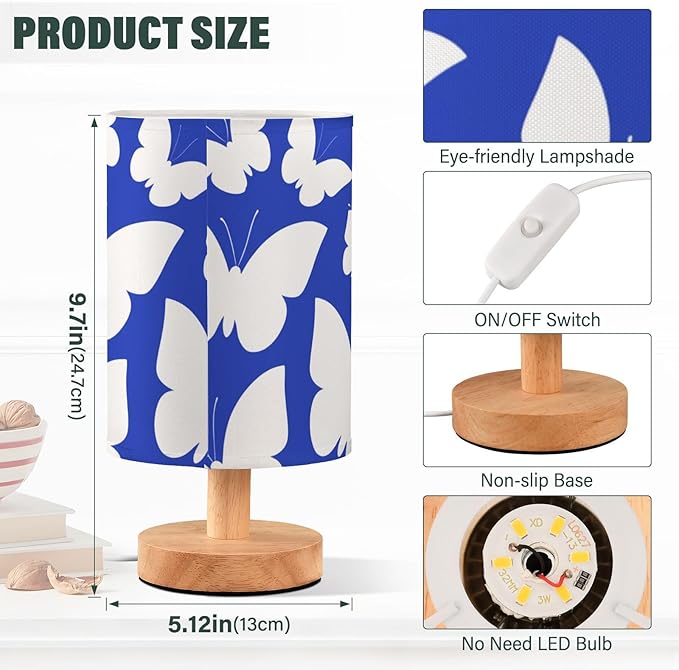 White Butterfly LED Table Lamp, Bedside Lamp with Linen Lampshade, Flicker-Free Eye Care USB Plug in Nightstand Lamp, for Bedroom and Office