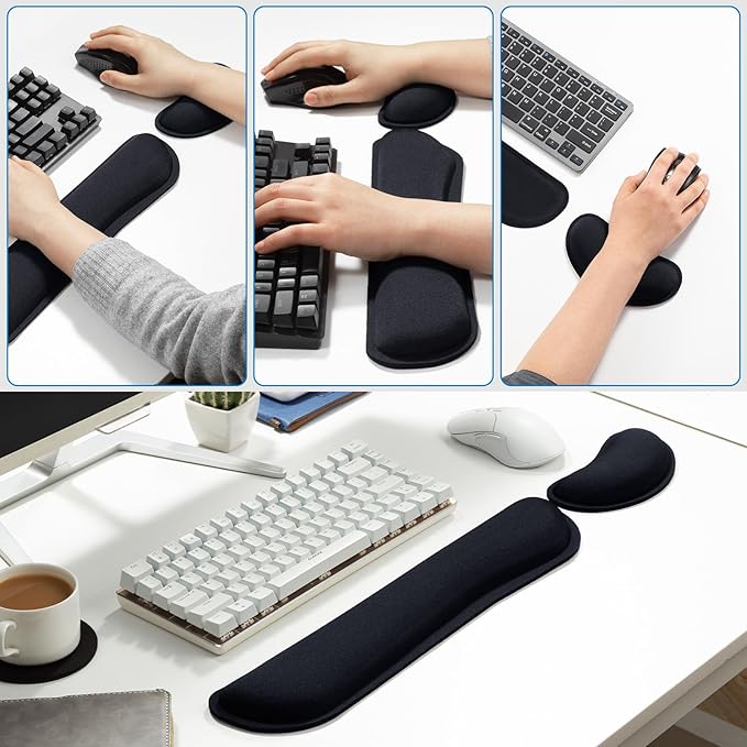 Leolee Gel Memory Foam Keyboard Wrist Rest, 5 in 1 Wrist Rest for Computer Keyboard and Mouse Set, Black Ergonomic Wrist Support with Non-Slip Base for Pain Relief, Typing, Gaming, Office