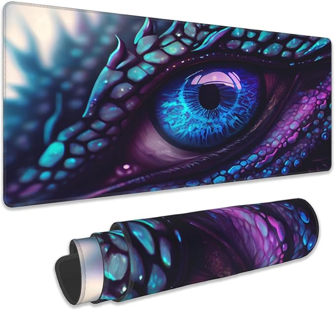 Desk Mat, Blue and Purple Fantasy Dragon Eye Extended Gaming Mouse Pad Large, 31.5"x15.7" Big Mouse Pad with Non-Slip Base and Stitched Edge, Long Computer Keyboard Mouse Mat for Home Office Work