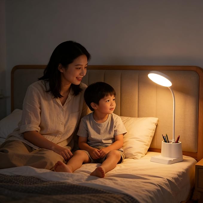 LED Desk Lamp for Home Office, 360° Rotating Gooseneck Small Table Lamp with USB Charging Port, Eye-Care Reading Dimmable Desk Light with Pen Phone Holder, 12 Colored Pencils, White