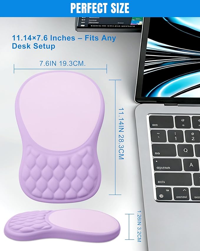 Ergonomic Mouse Pad with Wrist Rest, Slope Design Memory Foam Support, Smooth Lycra Surface, Non-Slip PU Base, Comfortable Mouse Mat for Office, Home, Computer Desk (Purple&Grey)