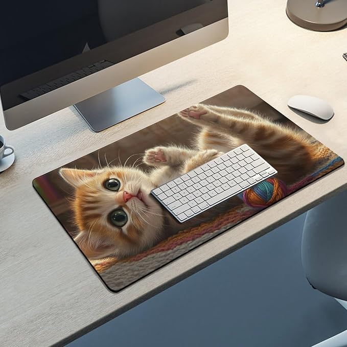 Large Ergonomic Gaming Mouse Pad Curious Kitten Playtime - Cute Cat Theme with Non-Slip Base Water-Resistant Surface and Stitched Edges 40X75cm