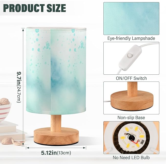 Blue LED Table Lamp, Bedside Lamp with Linen Lampshade, Flicker-Free Eye Care USB Plug in Nightstand Lamp, for Bedroom and Office