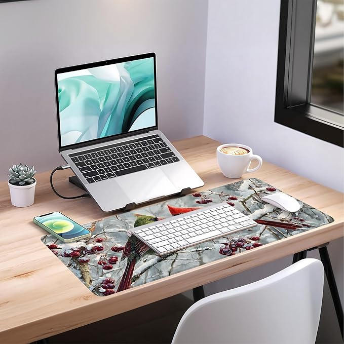 Christmas Bird Extended Gaming Mouse Pad 35.4x15.7Inch Large Desk Mat Anti-Slip Rubber Base & Durable Stitched Edges for Gamers Smooth Mouse Writing Surface for Desk Office/Home