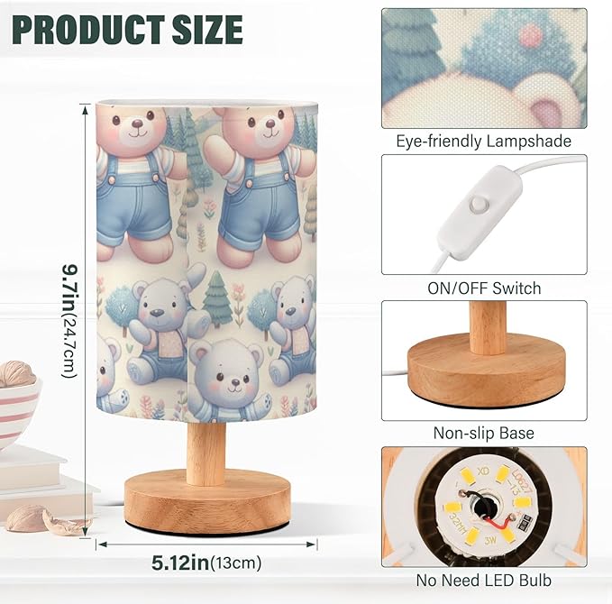Bear LED Table Lamp, Bedside Lamp with Linen Lampshade, Flicker-Free Eye Care USB Plug in Nightstand Lamp, for Bedroom and Office