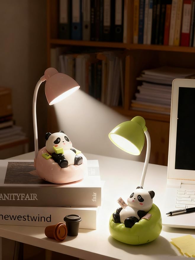 LED Desk Lamp with USB Charging Port, Gooseneck, Cute Panda Night Light for Bedroom Study Room, Boys Girls Children, Touch Control, 500 mAh, Rechargeable Lighting Decor for Boys Girls-Pink
