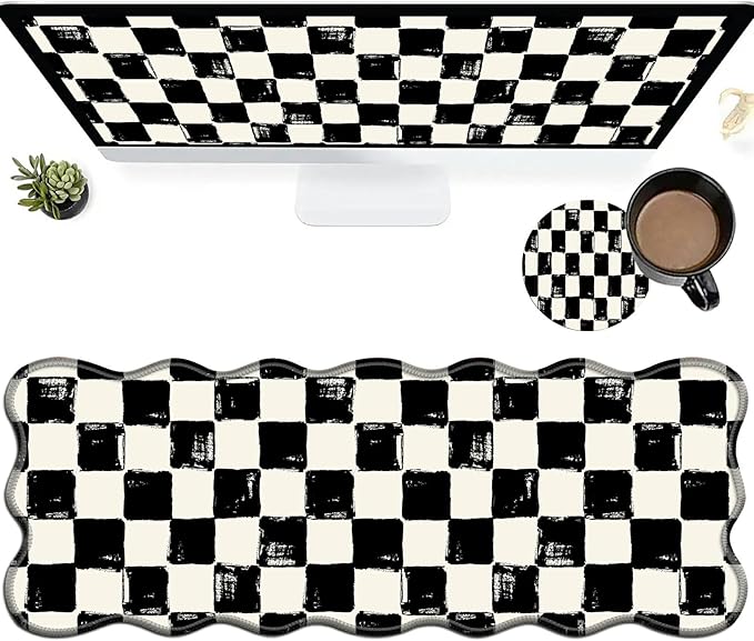 Black White Checkered Large Gaming Mouse Pad Plus a Coaster, 31.5 x 11.8 inches Desk Mat Extended XL Mousepad with Stitched Edge Non-Slip Rubber, Desk Pad Computer Mouse Mat for Home Office