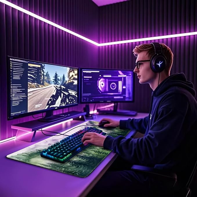 Misty Forest Mountain Large Gaming Mouse Pad 31.5"x15.7"｜XXL Desk Mat, Non-Slip Rubber Base & Stitched Edges - Extended Waterproof Mousepad for PC/Laptop/Office/Home Decor