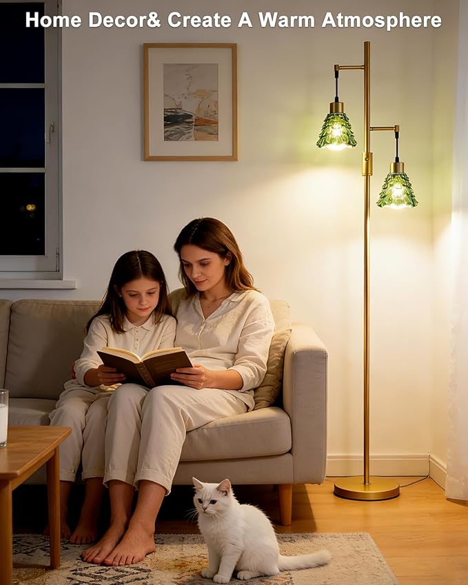 2-Light Glass Floor Lamp, Gold Tall Standing Lamps Dimmable with Green Glass Lampshade, 3000K Warmwhite Mid Century Modern Floor Lamp for Living Room/Bedroom/Sofa Beside/Home Decor