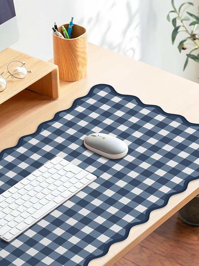 Scalloped‌ Checkered Desk Mat Cute Dark Blue XXL Large Gaming Mouse Pad Gingham Kawaii Cottagecore ‌Vintage‌ Laptop Keyboard Computer Mat for Desktop Aesthetic Desk Pad Accessories Decor