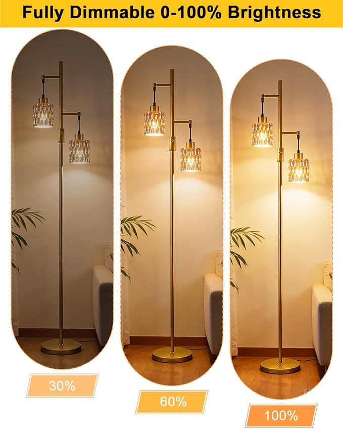 2-Light Gold Floor Lamp, 65IN Tall Standing Lamps Dimmable with Amber Glass Lampshade, 3000K Warmwhite Mid Century Modern Floor Lamp for Living Room/Bedroom