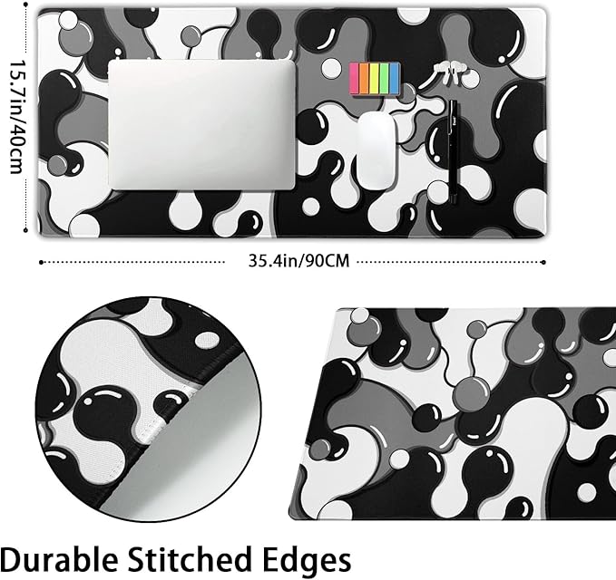 aportt Black White Grey Mouse Pad XXL Anime Cool Geometric Japanese Extended Desk Mat 90X40 CM Non-Slip Rubber Base Stitched Edge Large Mousepad for Gaming Laptop Computer Desktop 35.4×15.7 Inch