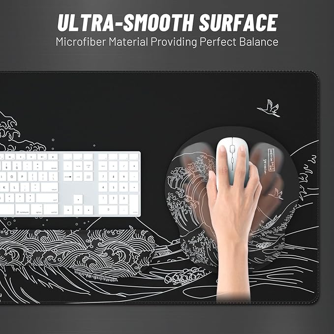 Ovenbird Mouse Pad Set 4-in-1 | Large Gaming Mousepad, Keyboard Wrist Rest, Mouse Wrist Support, Coaster | Ergonomic Office Desk Mat Accessories for Women Men | 4PCS, 35.4 x 15.7in, Great Wave Black