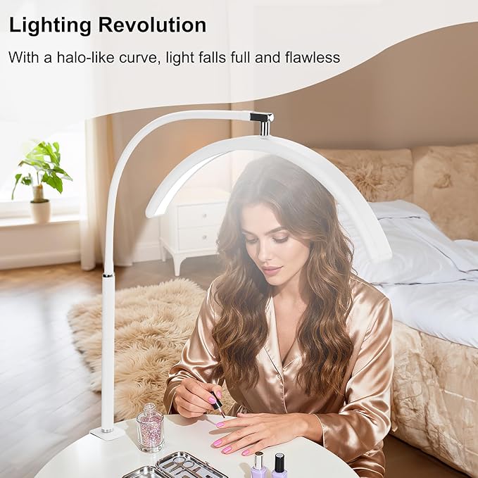 Professional Half Moon LED Desk Light for Nail Techs & Artists – Flexible Gooseneck Lamp with Clamp, 3 Color Modes & 5 Brightness Levels for Manicure, Tattoo, Beauty Work
