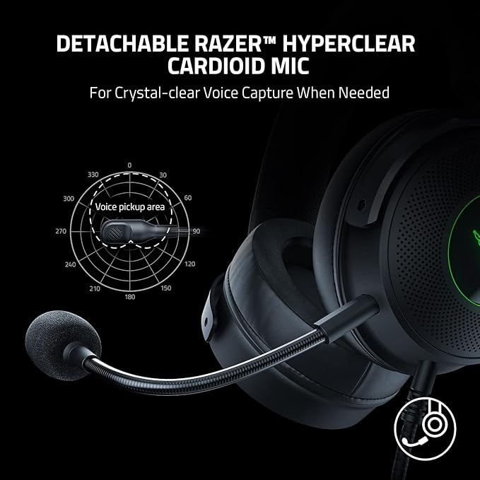 Razer Kraken V3 Wired USB Gaming Headset: Triforce Titanium 50mm Drivers - THX Spatial Audio - Chroma RGB Lighting - Hybrid Fabric & Leatherette Memory Foam Cushions - Detachable HyperClear Mic