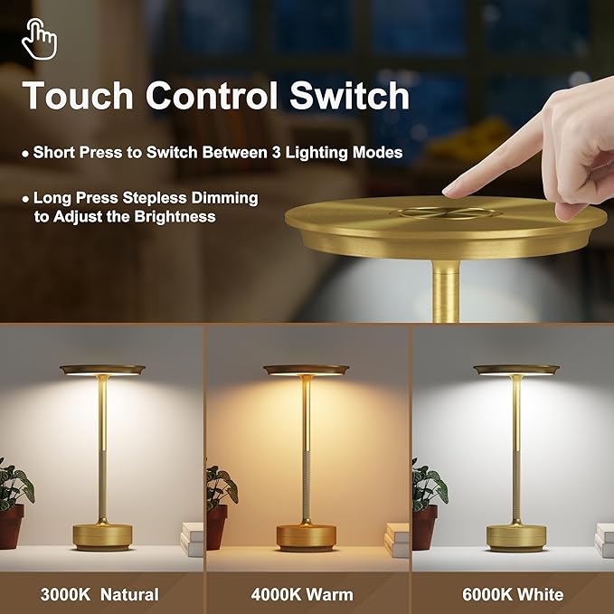 2 Pack Cordless Table Lamps Rechargeable, LED Portable 5000mAh Touch Table Light, 3 Color Stepless Dimming Battery Powered Table Lamp for Restaurant/Home/Outdoor/Camping.(Gold)
