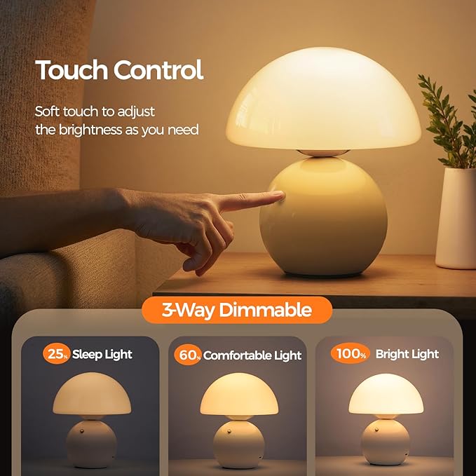 NIORSUN Mushroom Lamp Table Lamp for Bedroom, Portables Cordless Table Lamp,Wireless lamp,Small Bedside Table Touch Lamps for Living Room,Mini Mushroom 5200mAh Battery Operated Lamp Modern Cream