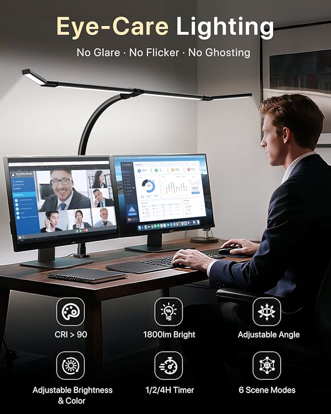 ONEMIX 42" LED Desk Lamp with Clamp, Architect Desk Light with Remote, Adjustable 4-Segment Bar, 1800LM Bright, Eye-Caring Desk Lamp for Home Office, Reading, Study, Dual Monitors, Workbench(Black)