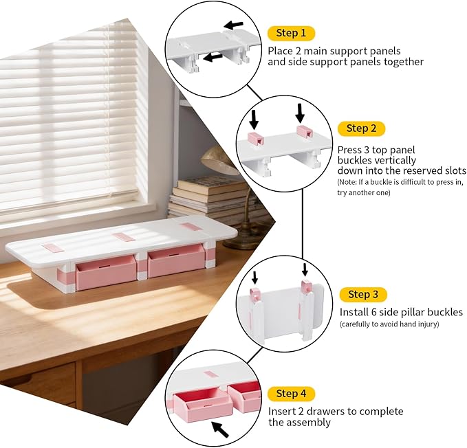 Desk Organizer and Accessories, Computer Monitor Riser Laptop Stand with Drawer Privacy Protection, Office Desk Accessories & Workspace Organizers for Office Supplies, Pink