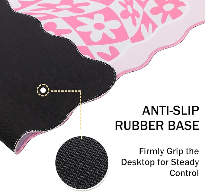 L-SPOUTTO Pink Mouse Pad,Retro Desk Mat XXL Large Scalloped Gaming Mousepad,35.4x15.7in Non-Slip Rubber Base Keyboard Pad Waterproof Desktop Mat for Laptop Computer Work Game Home Office-Pink Daisy