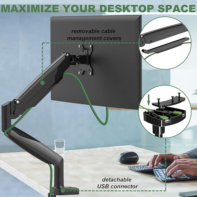 Sinlge Monitor Mount for 13 to 34 inch Flat/Curved Computer Screen, Gas Spring Ultrawide Monitor Arm Holds up to 26.5 lbs, Clamp & Grommet Base, VESA 75x75/100x100mm, Black