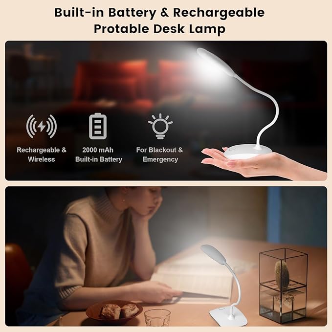 Battery Powered Desk Lamp, Portable Lamps Rechargeable 3 Color Modes Touch Control Stepless Dimming, Wireless Desk Lamp with 2000mAh, Small LED Table Light for Dorm Study Office Bedroom,White