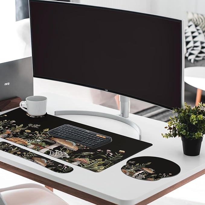 Britimes Black Mushroom Floral Keyboard Mouse Pad Set Plant Flower 4in1 Large Mousepad+Keyboard Wrist Rest+Mouse Wrist Rest+Coaster Ergonomic Design for Home Office Computer 35.4x15.7 inches