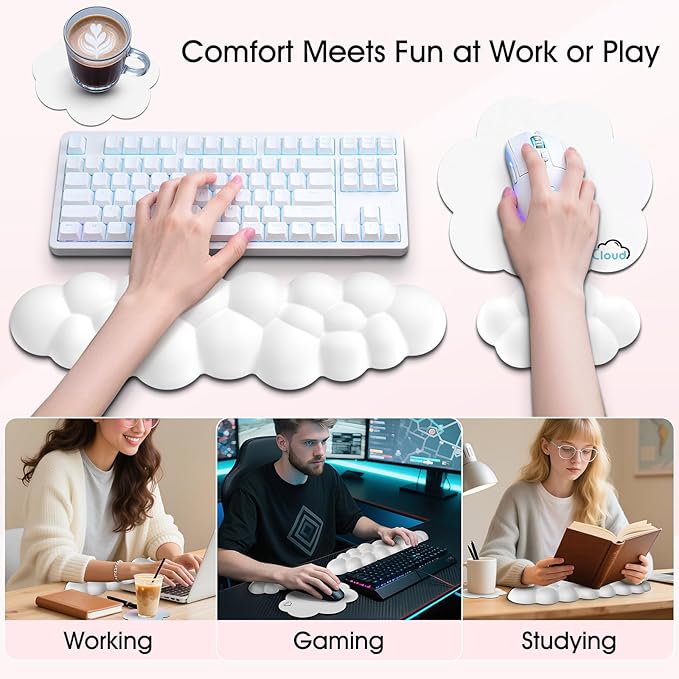 Cloud Wrist Rest for Computer Keyboard, 4-in-1 Memory Foam Leather Cloud Keyboard Wrist Rest and Mouse Pad Set with Ergonomic Support for Arm and Palm Cushion, Gaming/Work Setup, White