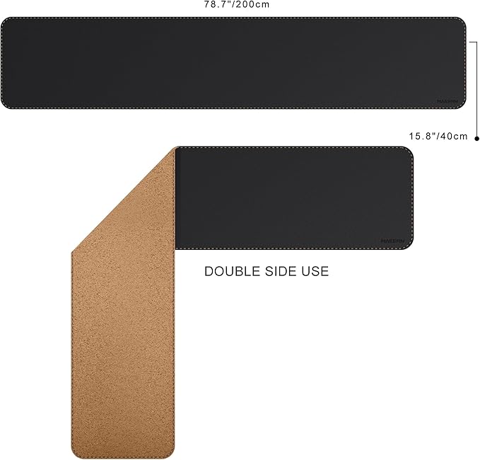 MAIDERN Leather Desk Mat, XXL 78.7” x 15.7” Reversible Large Desk Pad Mat, Cork & Leather Large Mouse pad for Desk, Waterproof Computer Desk Mat for Gaming Home Office (Black)