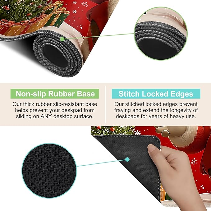 Desk Mat, XXL Extended Gaming Pad for Desktop, 35x16 Inches Jolly Santa with Tree, Large Non-Slip Vegan Leather Surface with Stitched Edges, Keyboard Mouse Mat for Home Office