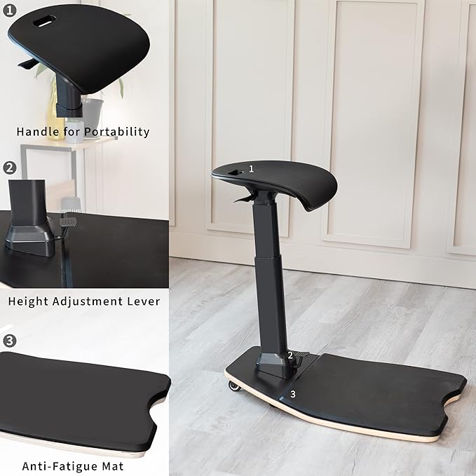 VIVO Ergonomic Leaning Perch Chair with Anti-Fatigue Mat, Standing Desk Stool, Height Adjustable Home Office Posture Seat, Black, CHAIR-S02M