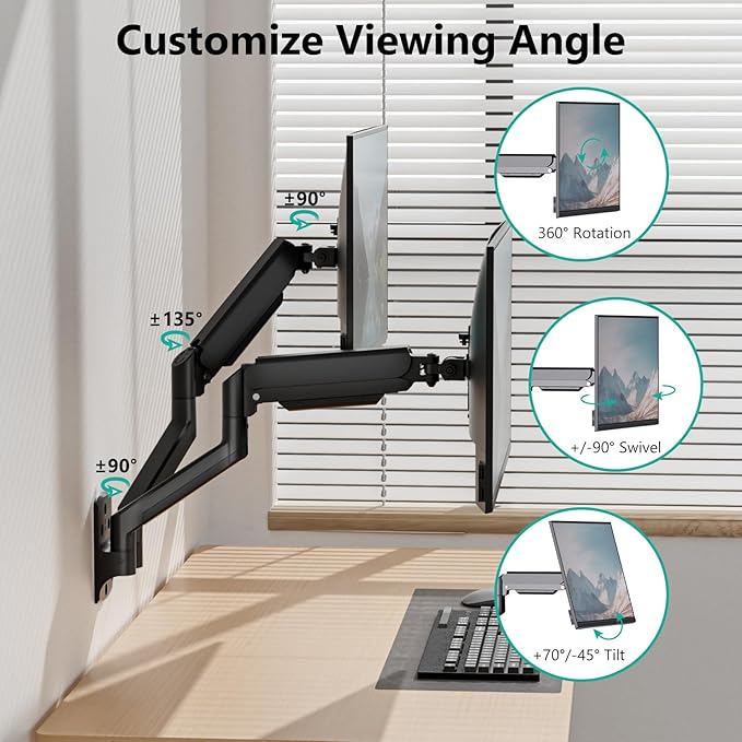WALI Dual Monitor Wall Mount for 17 to 32 inch Screens, Monitor Wall Mounts for 2 Monitors, Holds up to 22 lbs, Fully Adjustable Gas Spring Monitor Arm,75x75/100x100 VESA Wall Mount (GSWM002), Black