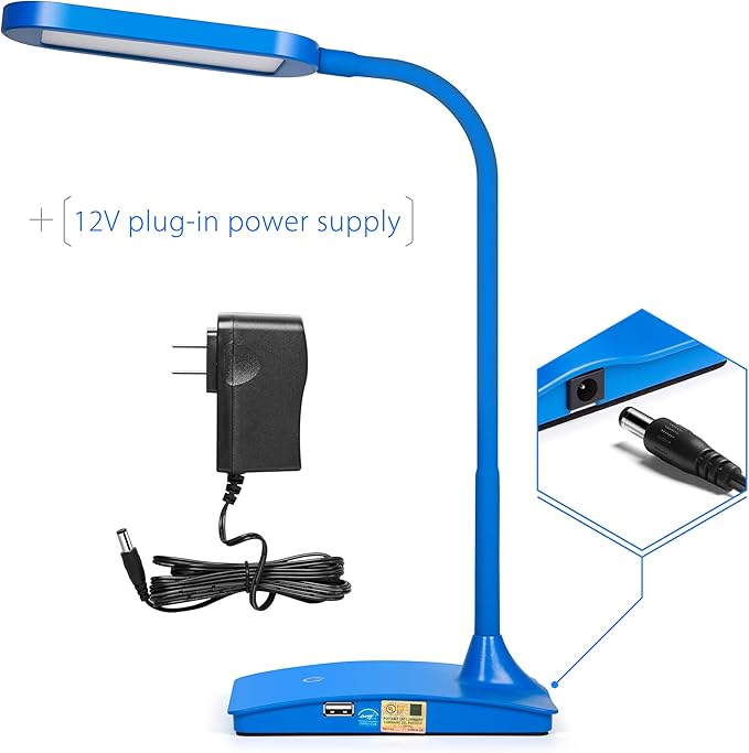 Blue Desk Lamps for Home Office - Super Bright Small Desk Lamp with USB Charging Port, a Perfect LED Desk Light as Study Lamp, Bedside Reading Lights