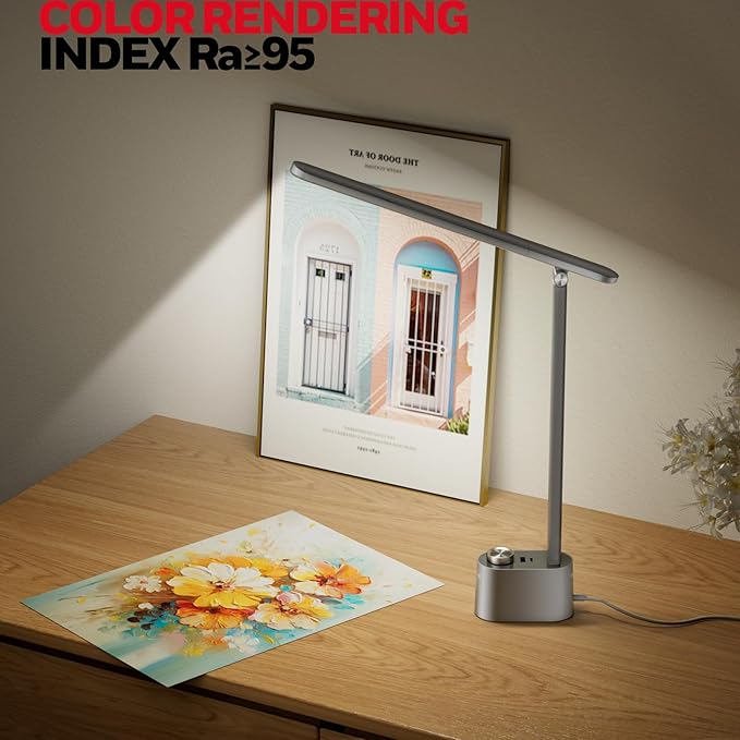 Honeywell Product Image Upgraded LED Desk Lamp - H01 Pro Sunturalux™ Foldable Desk Light with USB A+C Charging Port, 3 Color Modes Dimmable Table Lamp for Home Office Reading(Grey)